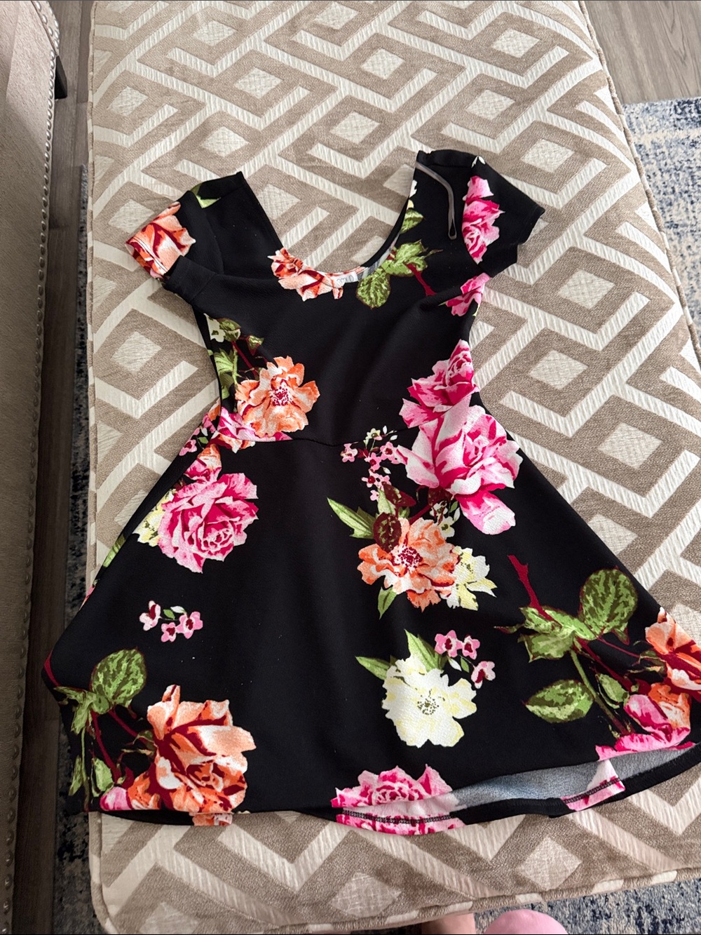 Black Floral Fit-and-Flare Dress - Pink & Green Roses-Planet Gold Size Medium